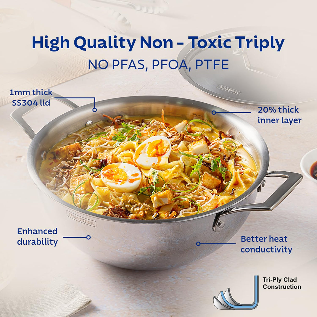 Aeion 28cm Stainless Steel Tri-Ply Extra Deep Kadai with SS Lid - 5.9L