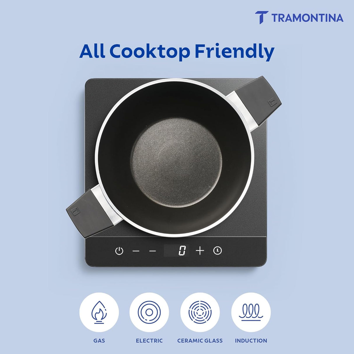 Tramontina India 28cm non-stick deep kadai in blueberry with ceramic coating and glass lid, showcasing its deep design.