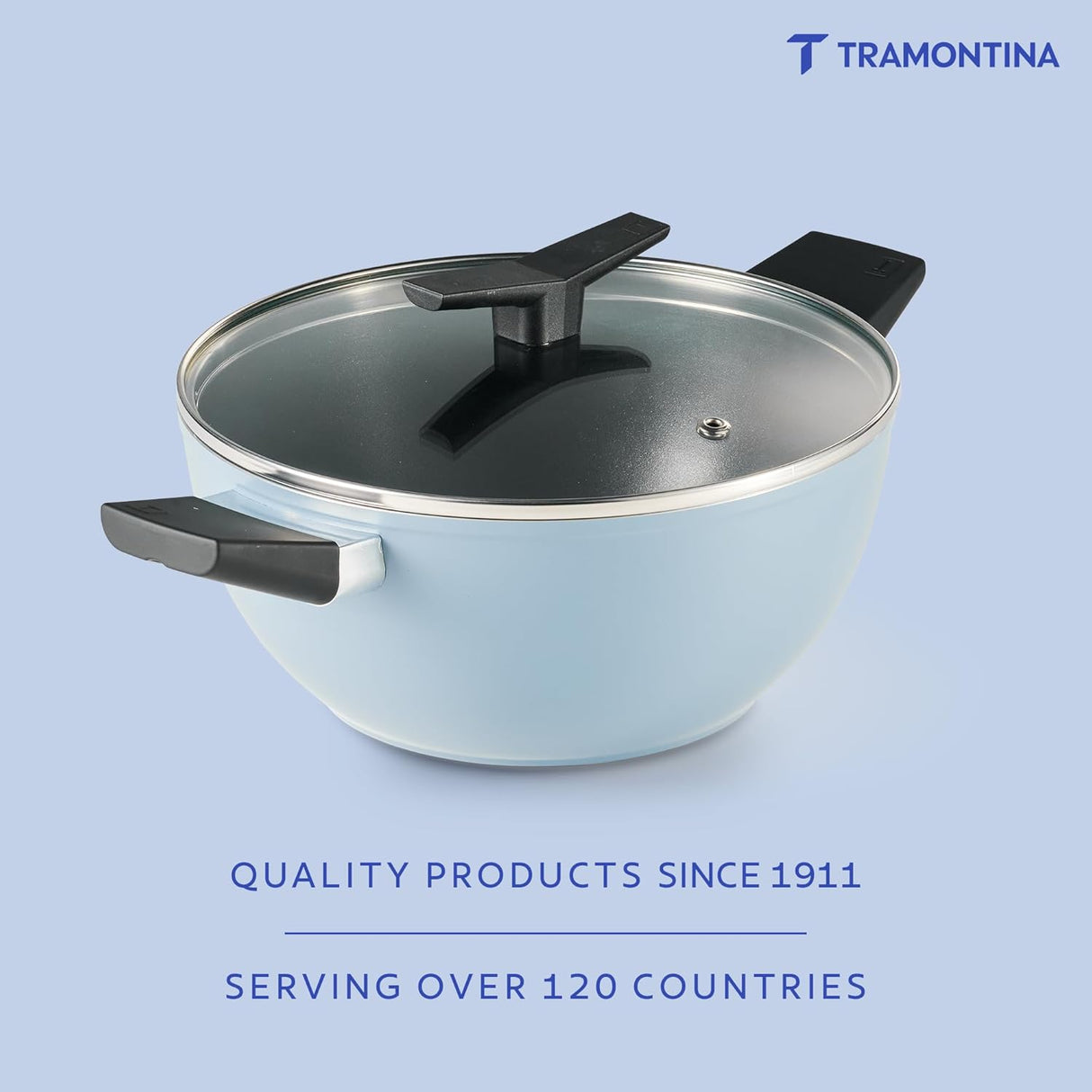Tramontina India 22cm deep kadai in blueberry with non-stick ceramic coating and glass lid, showcasing its depth and color.
