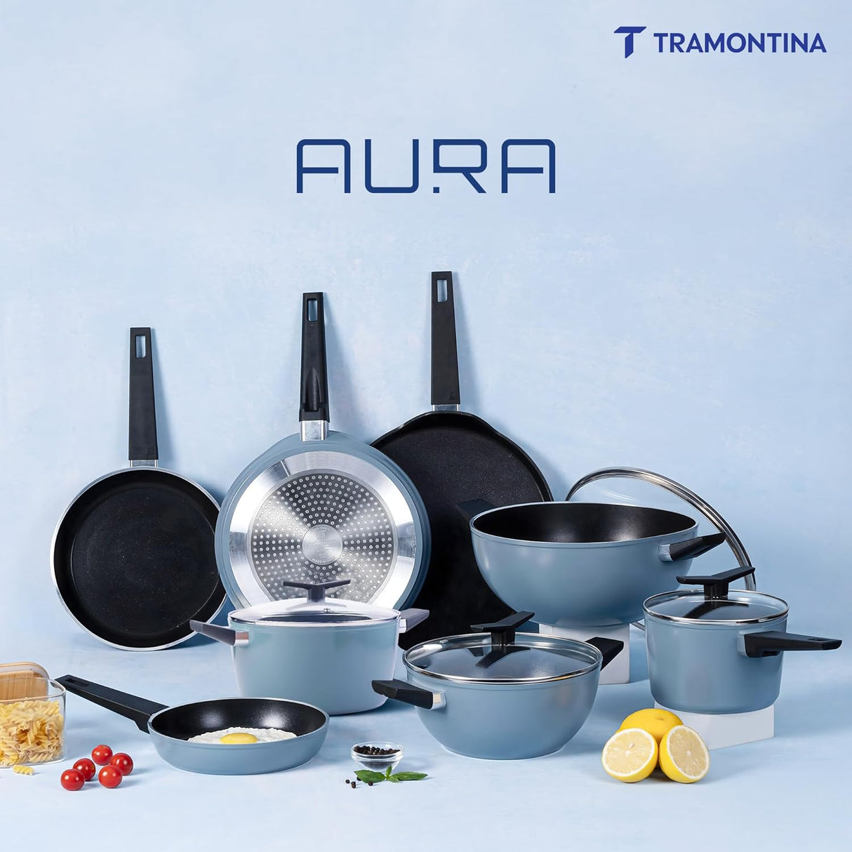 Tramontina India Aura 24cm non-stick deep kadai with ceramic coating and glass lid in blueberry color.