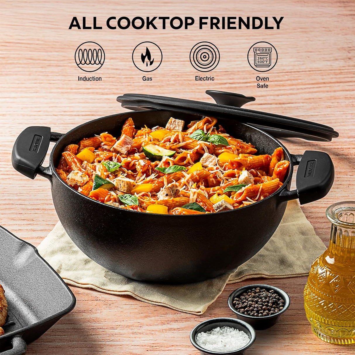 Titanex 30cm Pre-Seasoned Cast Iron Extra Deep Kadai with Heat Resistant Silicone Grip – 6.8L