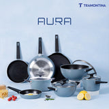 Tramontina India 22cm blue blueberry deep kadai with non-stick ceramic coating and glass lid, showcasing its design and features.
