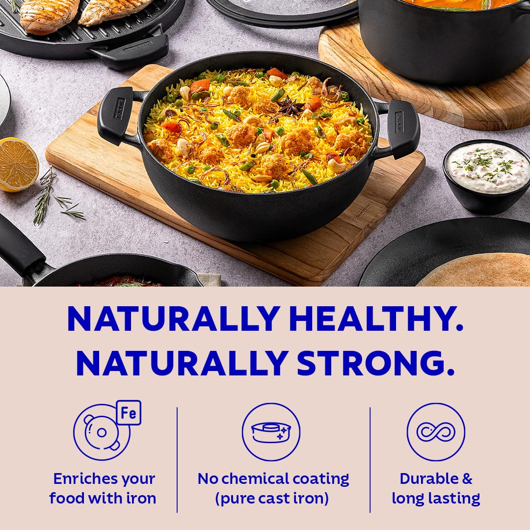 Titanex 24cm Pre-Seasoned Cast Iron Extra Deep Kadai with Heat Resistant Silicone Grip – 3.7L