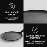 Titanex 28cm cast iron dosa tawa featuring a heat-resistant silicone grip for comfortable cooking.