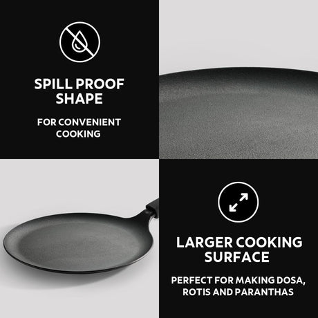 Titanex 28cm pre-seasoned cast iron dosa tawa with heat-resistant silicone grip, ideal for making crispy dosas and Indian pancakes.