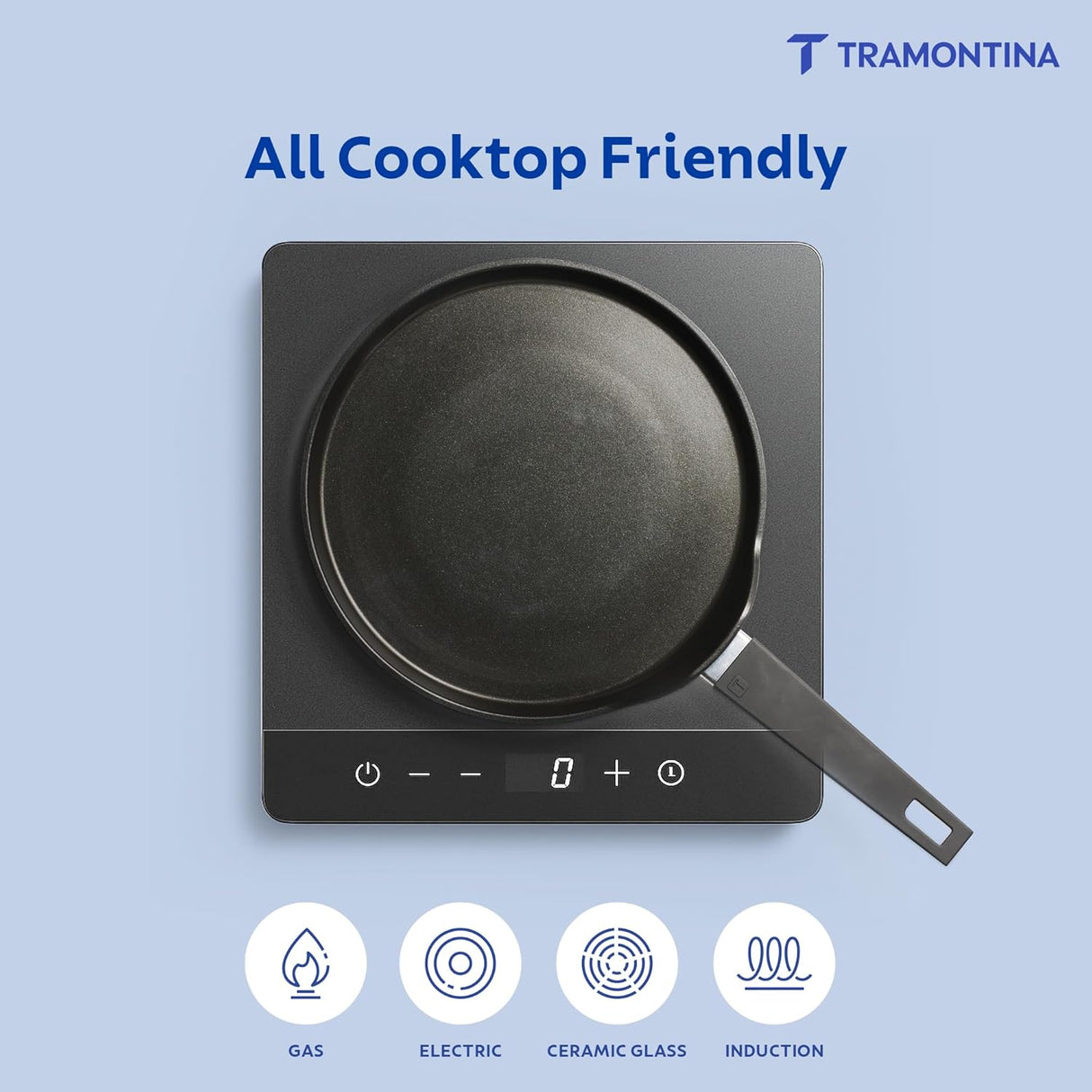 Tramontina India 30cm non-stick dosa tawa with ceramic reinforced coating in blueberry color on a white background.