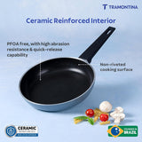 Tramontina India Aura 20cm blue non-stick ceramic fry pan with reinforced coating, suitable for healthy cooking.