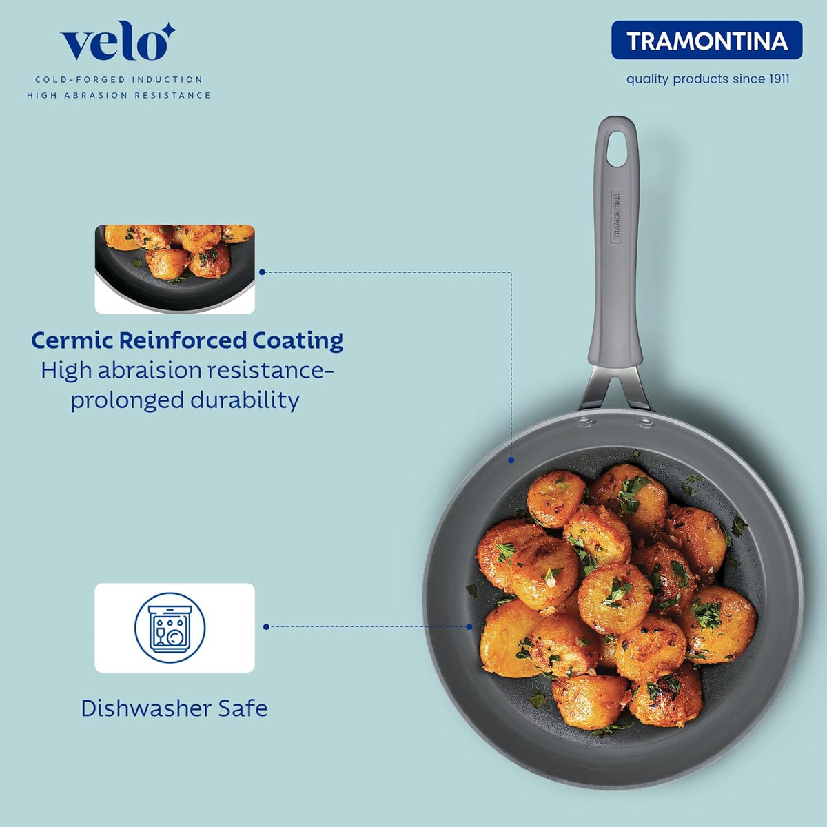 Sea-colored Tramontina India Velo Forged 20cm Fry Pan with a non-stick surface and sturdy handle, suitable for everyday cooking.