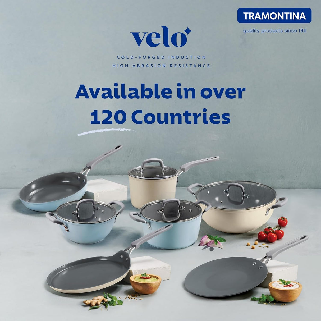 Sand-colored Velo forged 20 cm fry pan by Tramontina India, with a non-stick surface and sturdy handle for easy cooking.