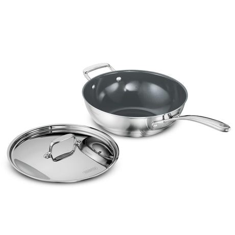 Fusao EX+ Triply Ceramic 26cm wok with stainless steel lid by Tramontina India, featuring a black ceramic-coated cooking surface.