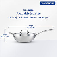 Fusao EX+ Triply Ceramic 26cm wok with stainless steel lid by Tramontina India, featuring a non-stick ceramic surface and ergonomic handle.