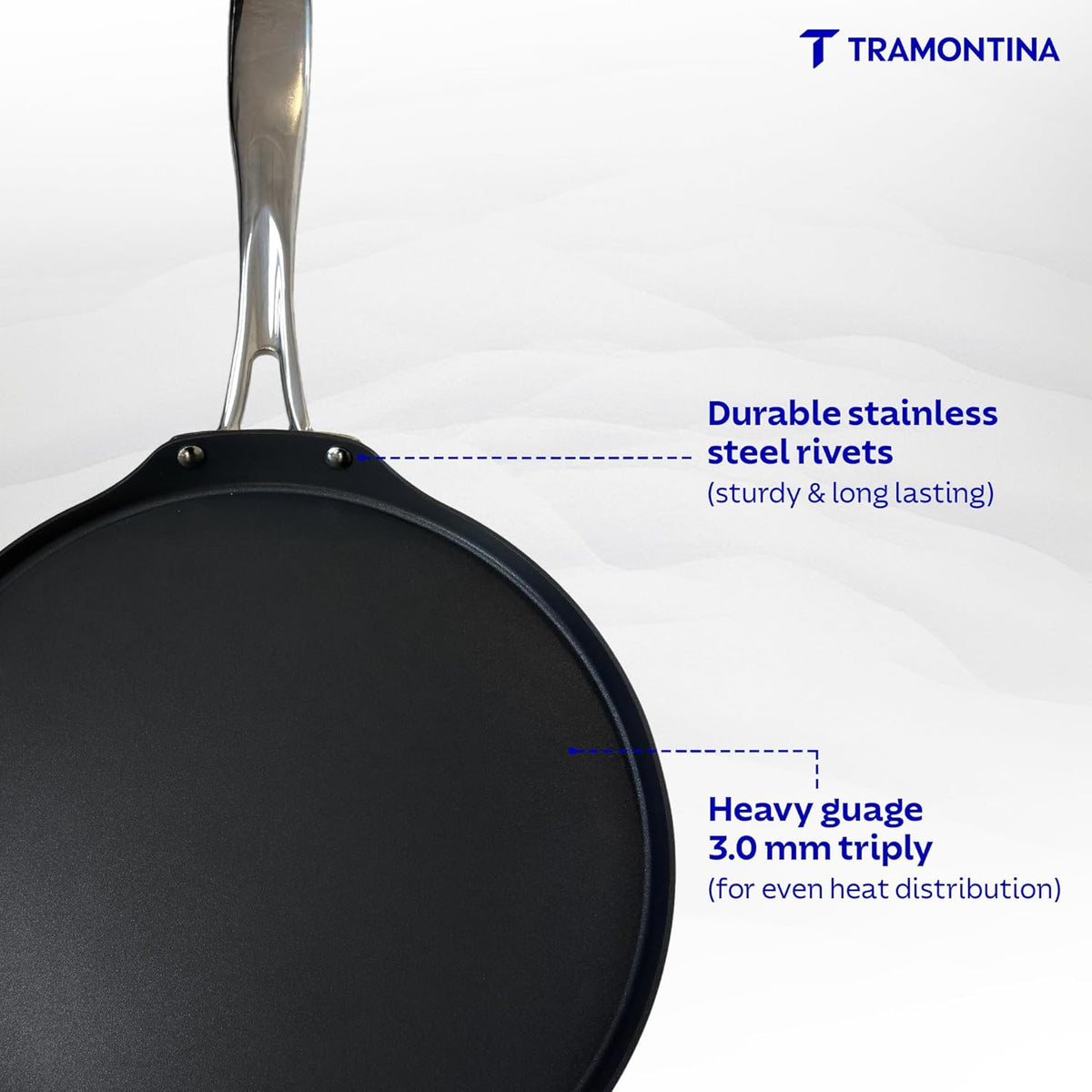 Fusao Ceramic reinforced 32cm Dosa Tawa by Tramontina India with 3mm thickness, featuring a non-stick ceramic surface.