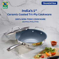 Tramontina India Fusao EX+ Triply Ceramic 26cm wok with stainless steel lid, showcasing a sleek, durable cooking wok.