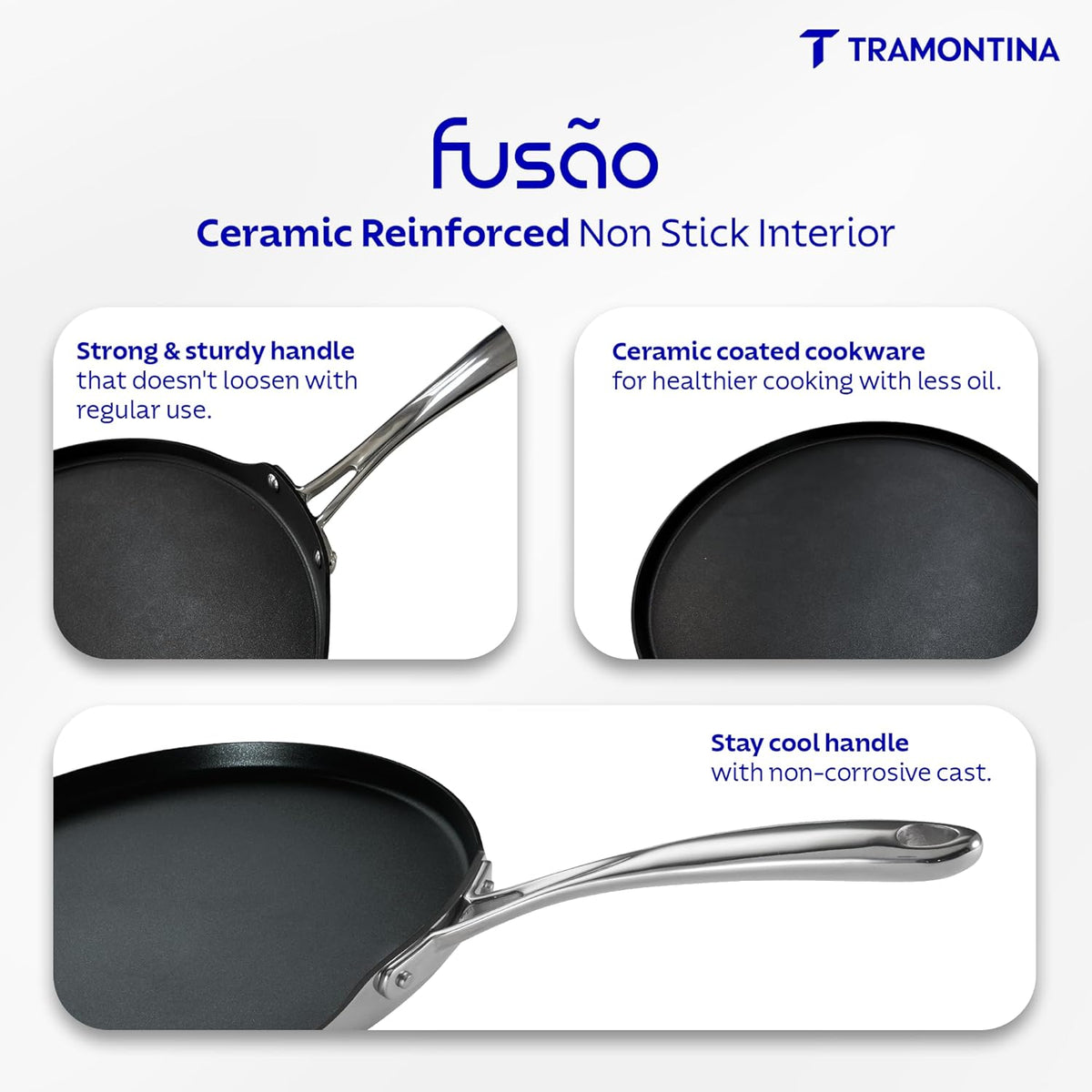 Fusao ceramic reinforced 32cm Tramontina India Dosa Tawa with 3mm thickness, non-stick surface and ergonomic handle.