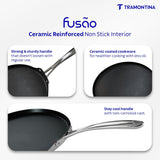 Fusao ceramic reinforced 32cm Tramontina India Dosa Tawa with 3mm thickness, non-stick surface and ergonomic handle.