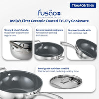 Fusao EX+ Triply Ceramic 26cm wok with stainless steel lid by Tramontina India, featuring a non-stick ceramic surface and sturdy handle.