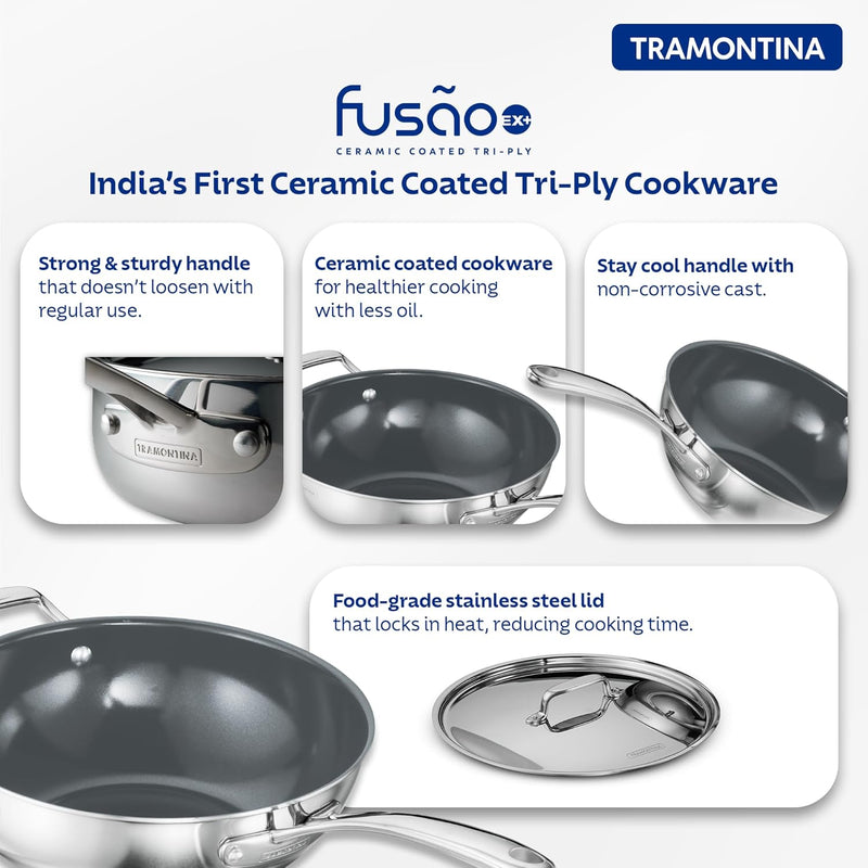 Fusao EX+ Triply Ceramic 26cm wok with stainless steel lid by Tramontina India, featuring a non-stick ceramic surface and sturdy handle.