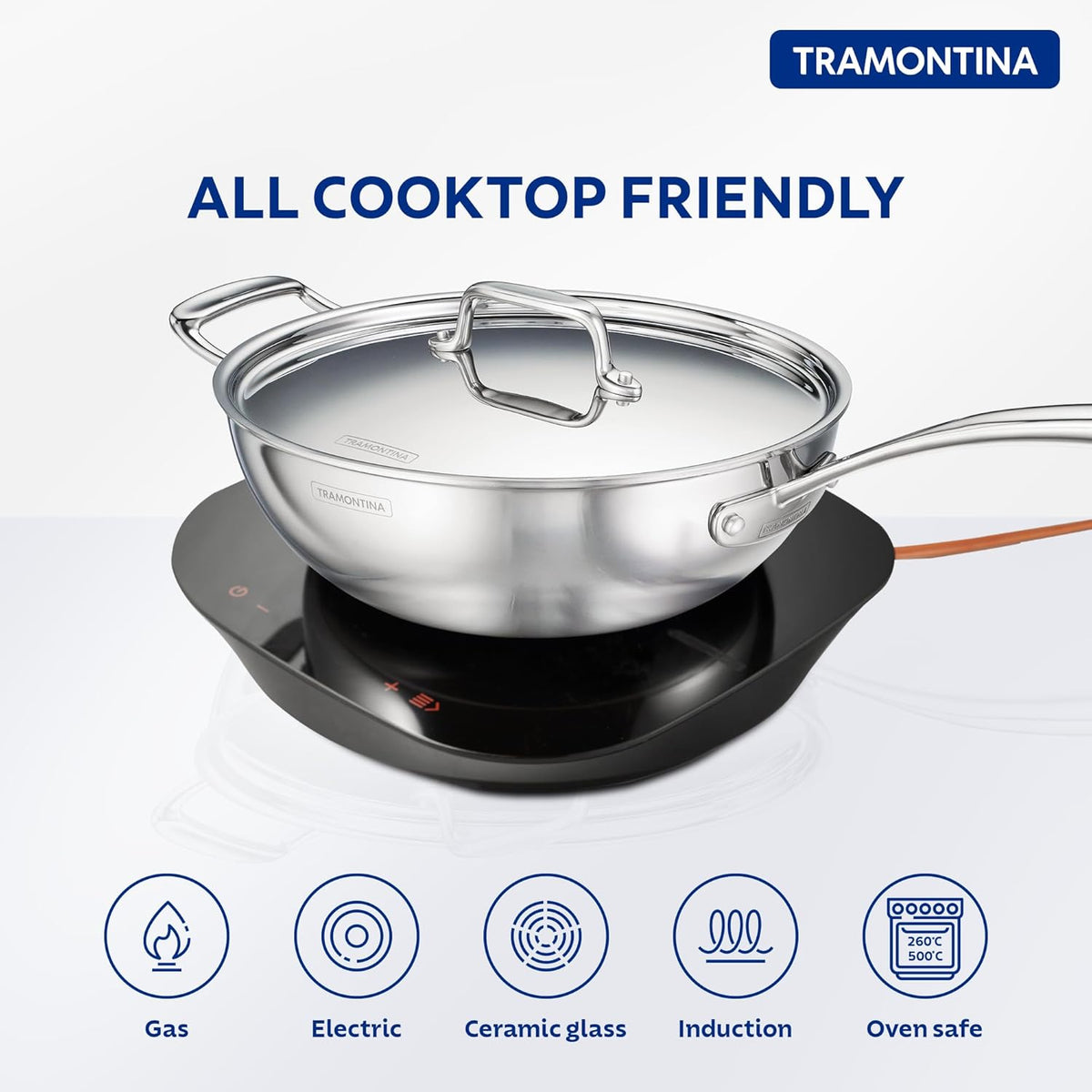 Fusao EX+ Triply Ceramic 26cm wok with stainless steel lid by Tramontina India, showing the ceramic-coated cooking surface and lid.