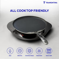 Fusao ceramic reinforced 32cm Dosa Tawa by Tramontina India with a black non-stick surface and sturdy handle.