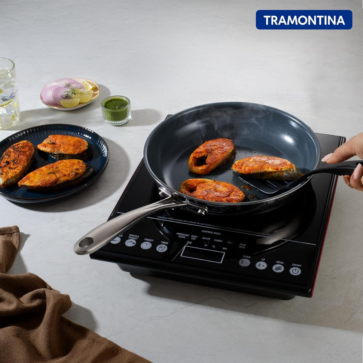 Tramontina India Fusao EX+ 24cm ceramic stainless steel fry pan with tri-ply construction and stainless steel lid