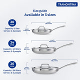 Tramontina India Fusao EX+ 20cm ceramic stainless steel tri-ply fry pan with lid, showing a shiny stainless steel surface.