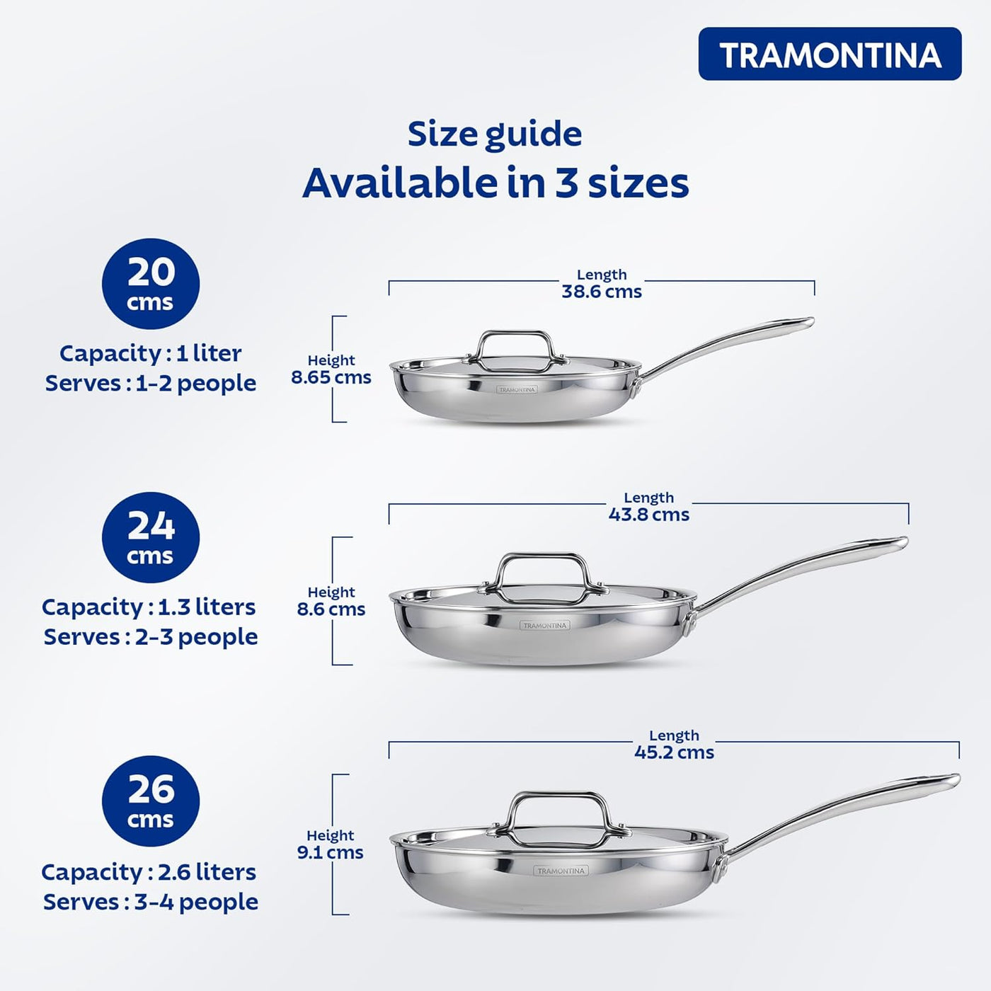Tramontina India Fusao EX+ 26cm ceramic stainless steel tri-ply fry pan with lid, shown with a cooking surface and handle.