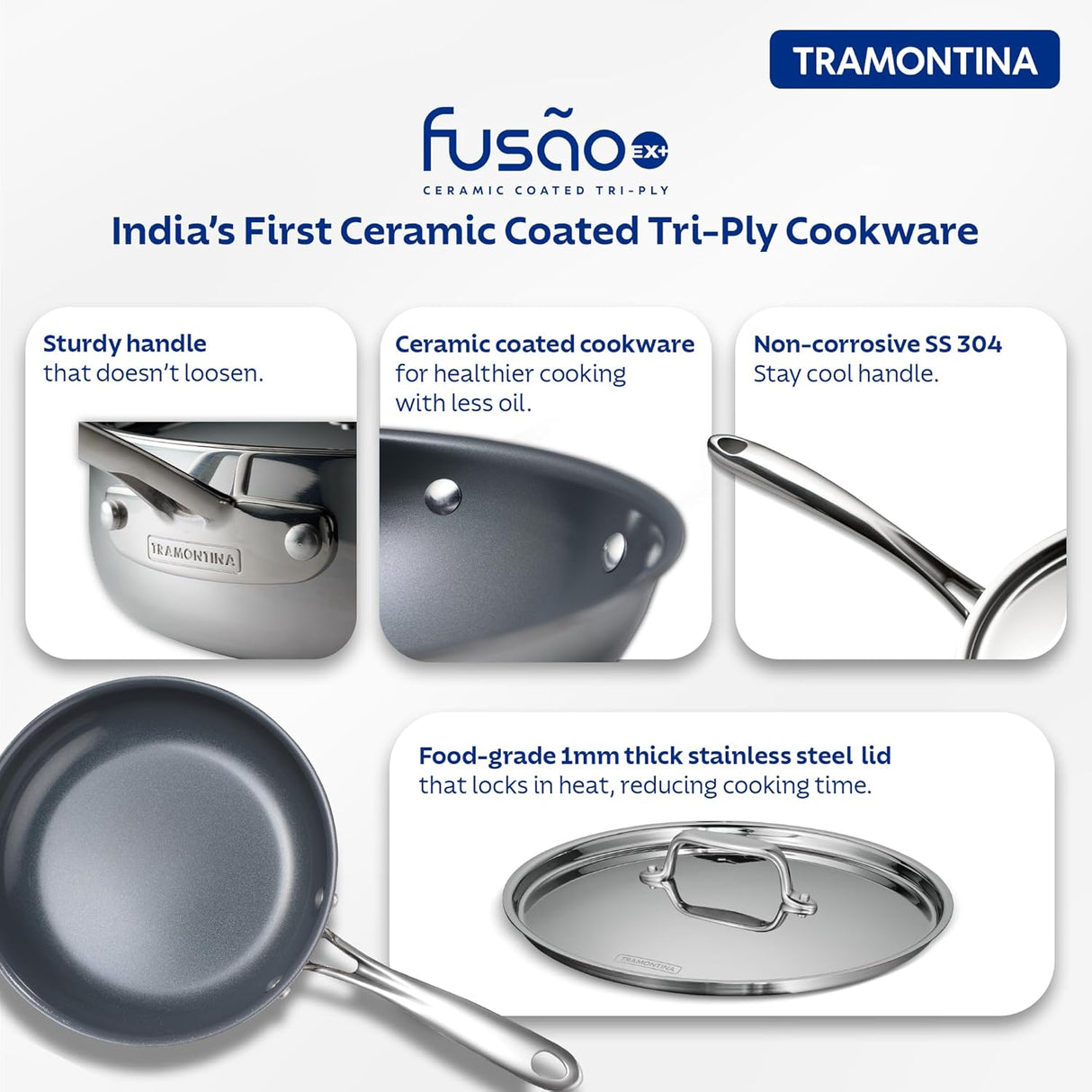 Tramontina India Fusao EX+ 20cm ceramic stainless steel tri-ply fry pan with stainless steel lid on a kitchen countertop
