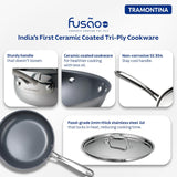 Tramontina India Fusao EX+ 20cm ceramic stainless steel tri-ply fry pan with stainless steel lid on a kitchen countertop
