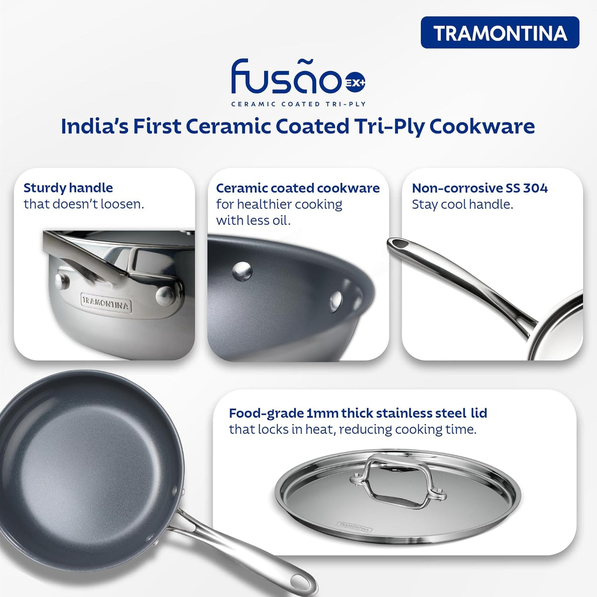 Tramontina India Fusao EX+ 24cm ceramic stainless steel tri-ply fry pan with lid, featuring a durable stainless steel handle.