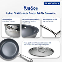 Tramontina India Fusao EX+ 24cm ceramic stainless steel tri-ply fry pan with lid, featuring a durable stainless steel handle.