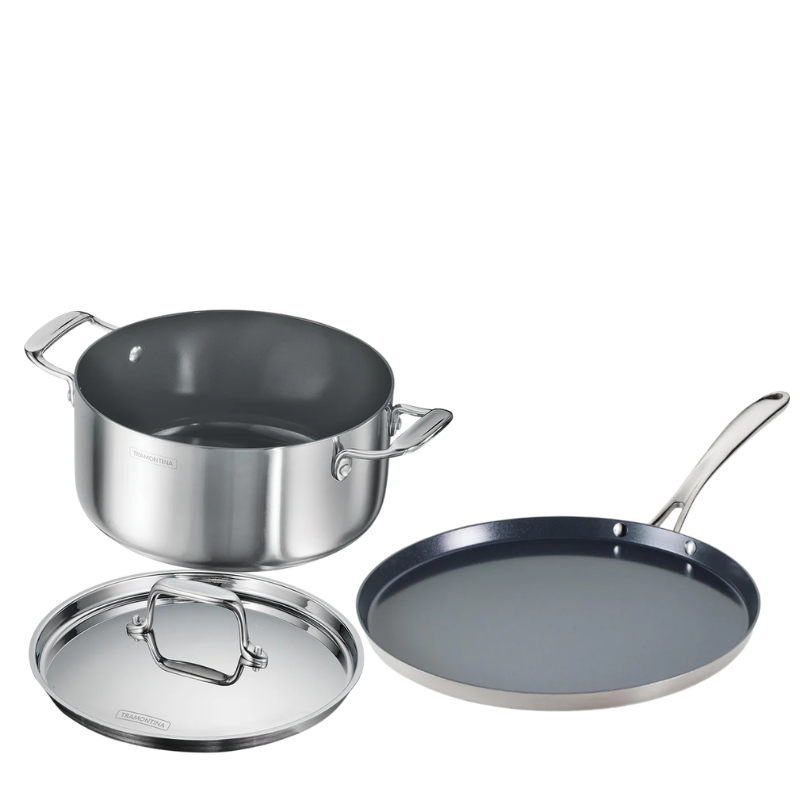 Tramontina India Fusao EX+ ceramic stainless steel tri-ply cookware set with a 4.8L casserole and 30cm dosa tawa.