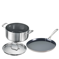 Tramontina India Fusao EX+ ceramic stainless steel tri-ply cookware set with a 4.8L casserole and 30cm dosa tawa.