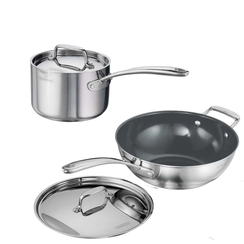 Tramontina India Fusao EX+ ceramic stainless steel tri-ply cookware set with 3.7L wok and 2.1L saucepan.