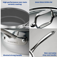 Tramontina India Fusao EX+ ceramic stainless steel tri-ply cookware set with 3.7L wok and 2.1L saucepan on a kitchen countertop.