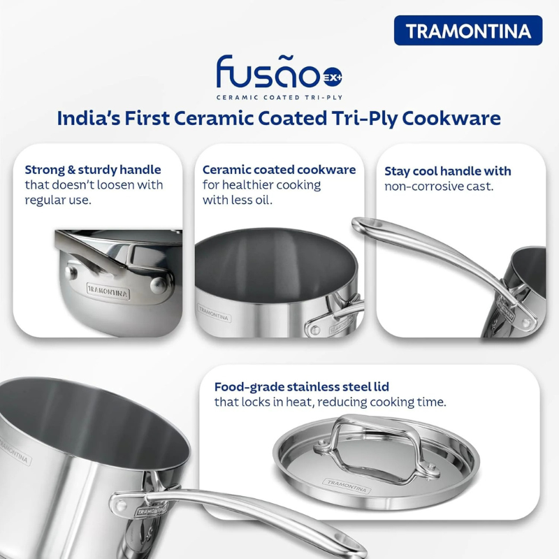 Tramontina India Fusao EX+ ceramic stainless steel tri-ply cookware set with 3.7L wok and 2.1L saucepan on a stovetop.