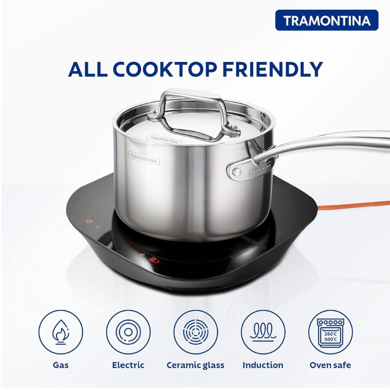 Tramontina India Fusao EX+ ceramic stainless steel tri-ply cookware set with 3.7L wok and 2.1L saucepan on a white background.