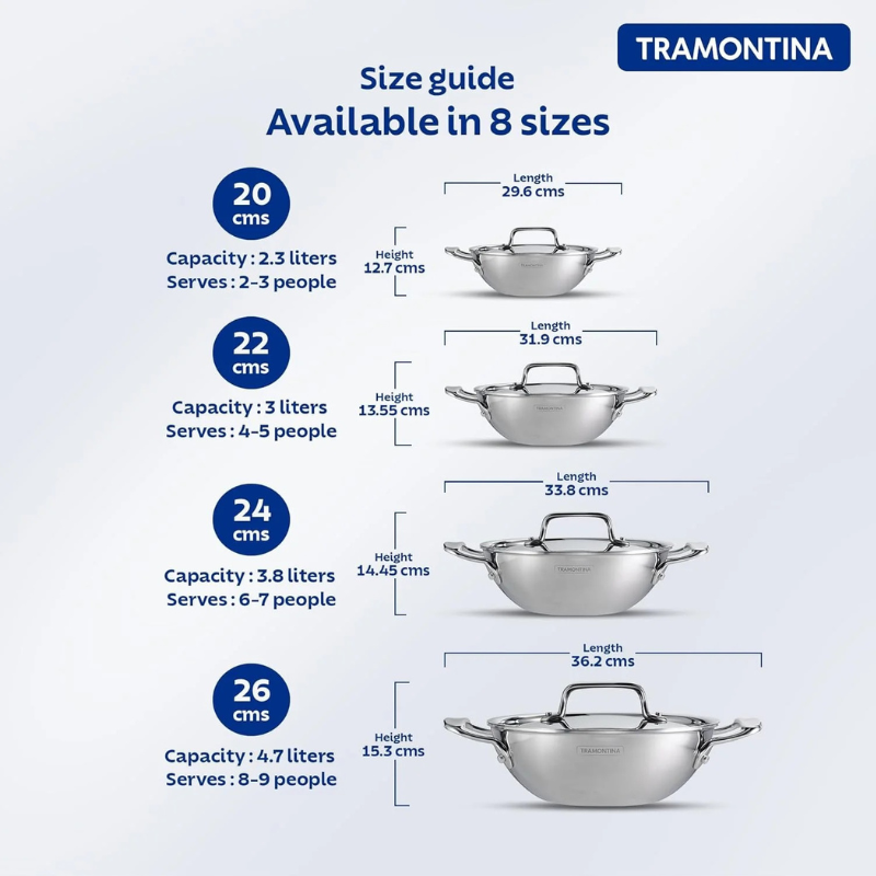 Tramontina India Fusao EX+ ceramic stainless steel cookware set with 3.8L Kadai and 30cm Dosa Tawa on a kitchen countertop.