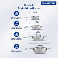 Tramontina India Fusao EX+ ceramic stainless steel cookware set with 3.8L Kadai and 30cm Dosa Tawa on a kitchen countertop.