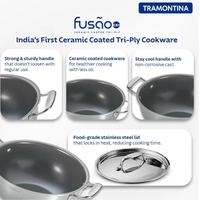 Fusao EX+ ceramic stainless steel tri-ply cookware set with 3.8L Kadai and 30cm Dosa Tawa from Tramontina India.