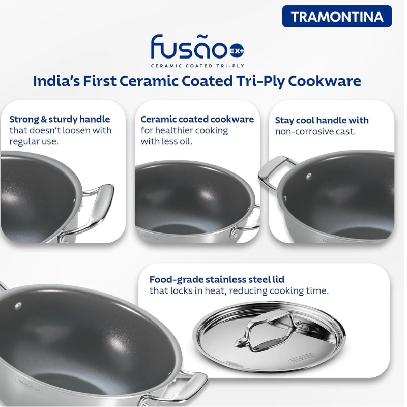 Fusao EX+ ceramic stainless steel tri-ply cookware set with 3.8L Kadai and 30cm Dosa Tawa from Tramontina India.