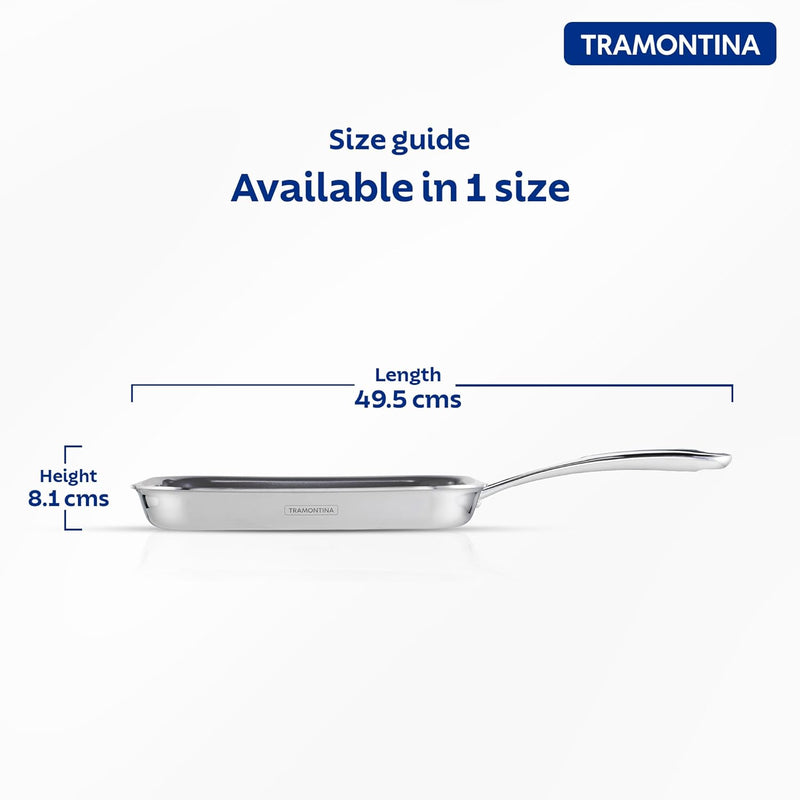 Tramontina India Fusao EX+ 26cm ceramic stainless steel tri-ply grill pan with ribbed surface for grilling.