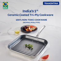 Tramontina India Fusao EX+ 26cm ceramic stainless steel tri-ply grill pan with ribbed surface for grilling.