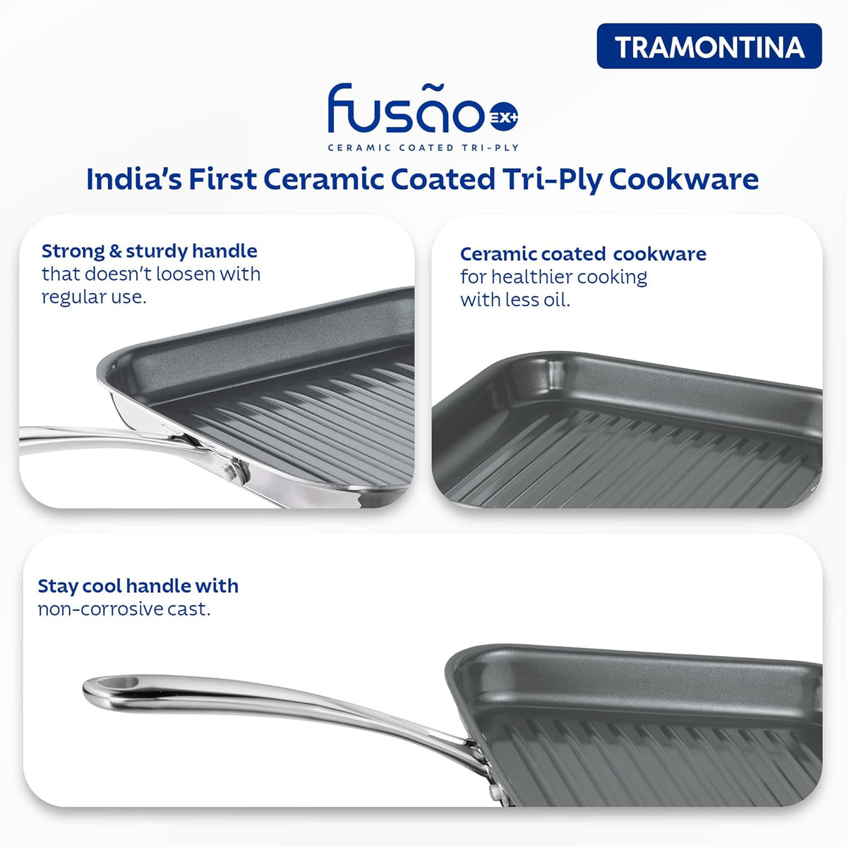 Tramontina India Fusao EX+ 26cm ceramic stainless steel tri-ply grill pan with ridged surface for grilling.