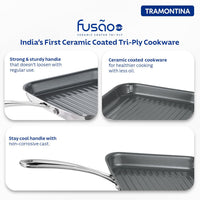 Tramontina India Fusao EX+ 26cm ceramic stainless steel tri-ply grill pan with ridged surface for grilling.