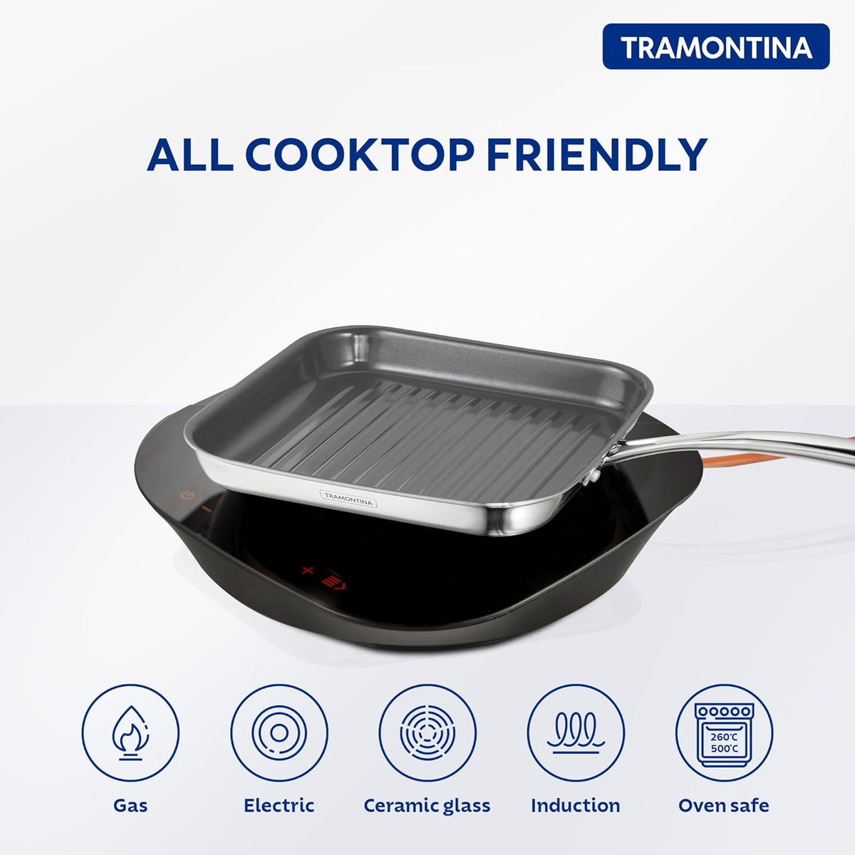 Tramontina India Fusao EX+ 26cm ceramic stainless steel tri-ply grill pan with ribbed cooking surface.
