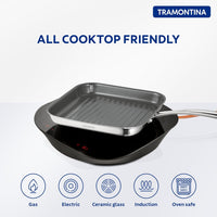 Tramontina India Fusao EX+ 26cm ceramic stainless steel tri-ply grill pan with ribbed cooking surface.