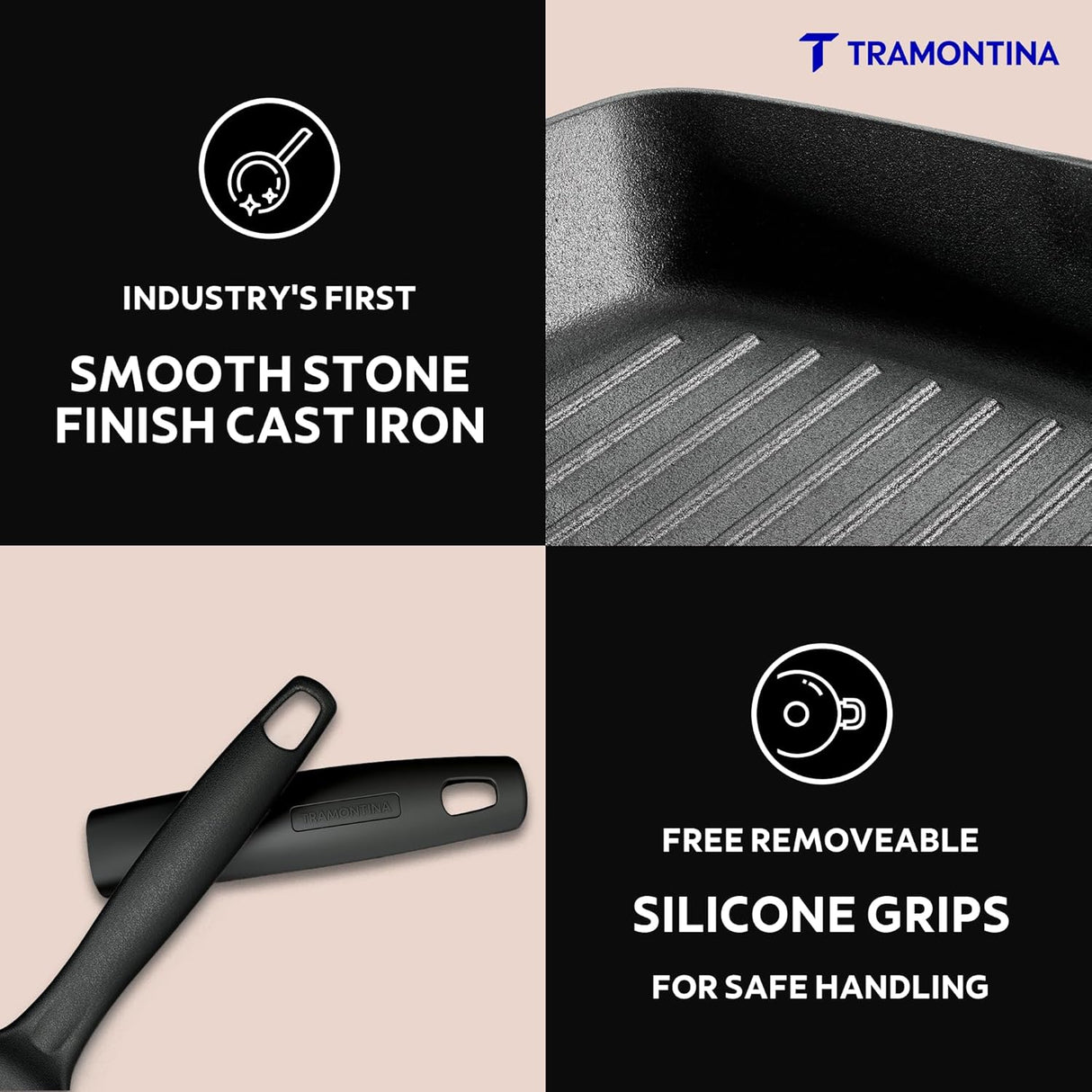 Tramontina India 27cm pre-seasoned cast iron grill pan with heat-resistant silicone grip on a wooden surface.