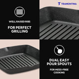 Tramontina India Titanex 27cm pre-seasoned cast iron grill pan with heat-resistant silicone grip on a kitchen countertop.
