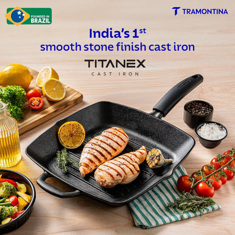 Tramontina India Titanex 27cm pre-seasoned cast iron grill pan with heat-resistant silicone grip, ideal for grilling.