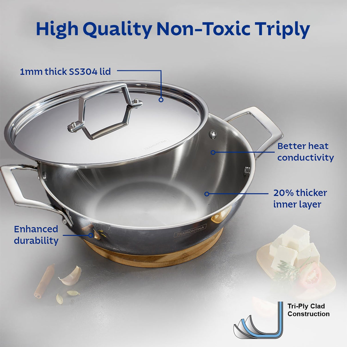 Aeion 24cm Stainless Steel Tri-Ply Kadai with SS Lid - 2.6L